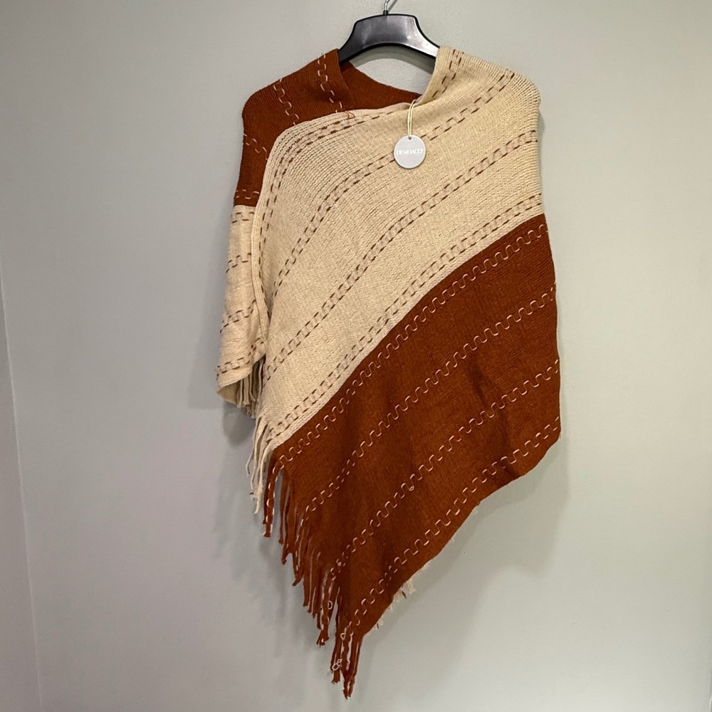 DEMDACO Ruana Poncho Wrap‎ Fringe Trim Beige Brown Knit Acrylic Women's OS